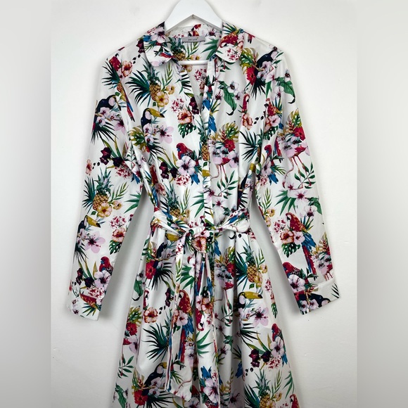 Per Una Parrot Print Belted Cotton Shirt Dress Long Midi UK 18 Roll Tab Sleeve - Picture 6 of 13
